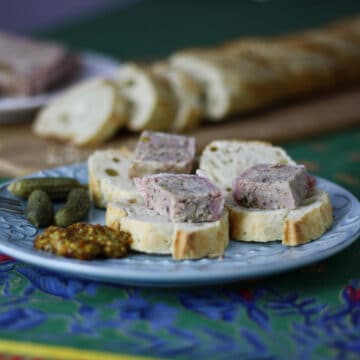A photo of terrine de campagne on a plate with baguette slices.