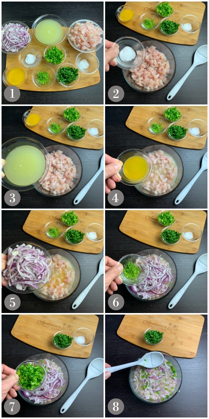 A collage of photos showing the ingredients and steps to make ceviche de tilapia. 