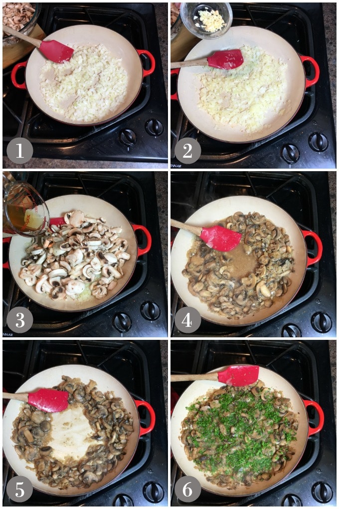 Collage of mushrooms cooking in a red pan with onions, sherry and garlic.