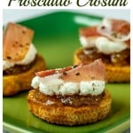 A super quick and easy appetizer: Fig preserves with ricotta and prosciutto crostini.