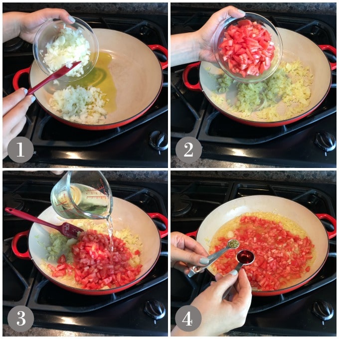 A collage of onion and tomato cooking in a red pan with white wine. 