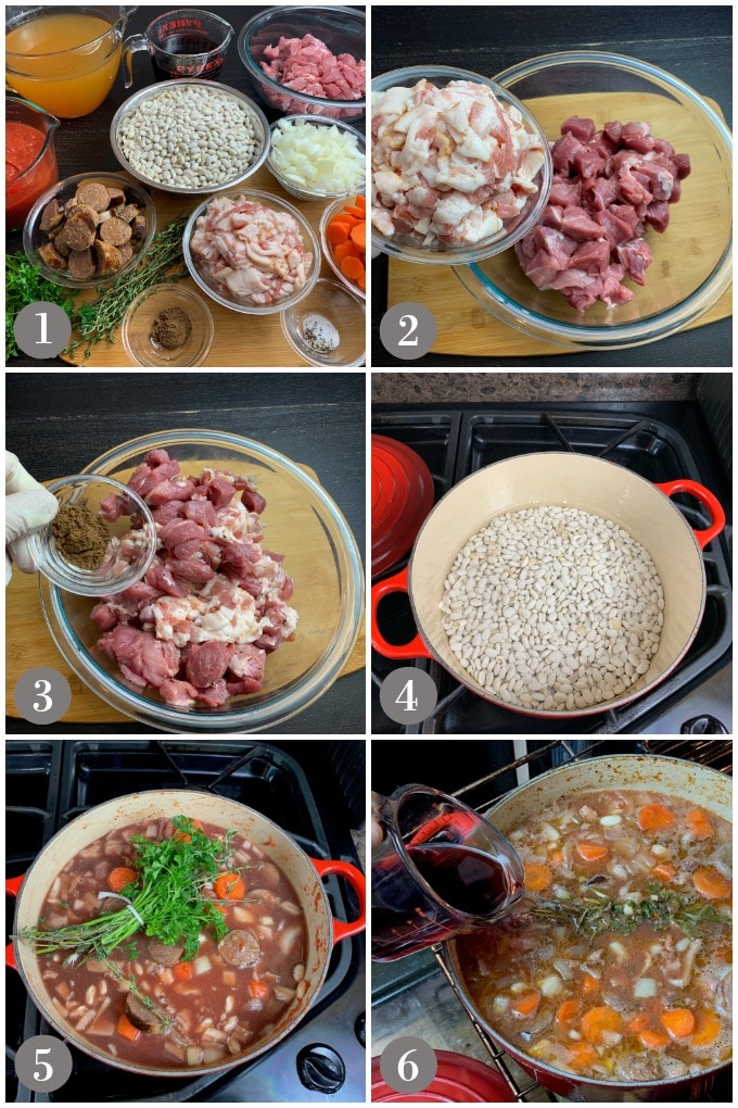 A collage of photos showing the ingredients and steps to make classic French cassoulet. 