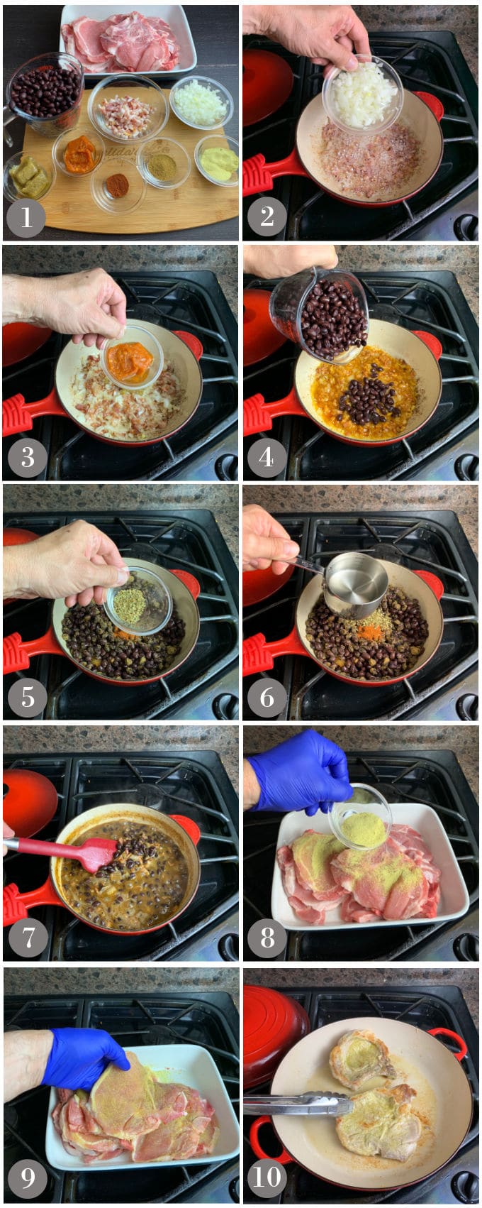 A collage of photos showing the steps to make black beans and rice along with Latin style pork chops on a stove. 