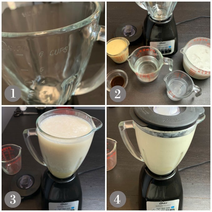 Collage of photos with a blender and ingredients with steps to make coquito.