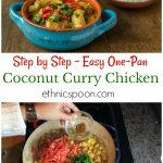 Coconut curry chicken in a turquoise dish.