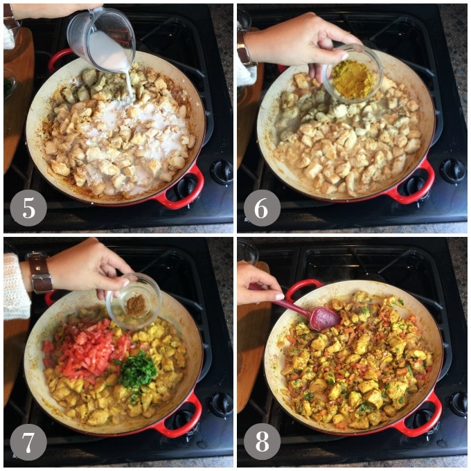 Pouring coconut milk, curry, tomato, cilantro and garam masala to chicken in a pan.
