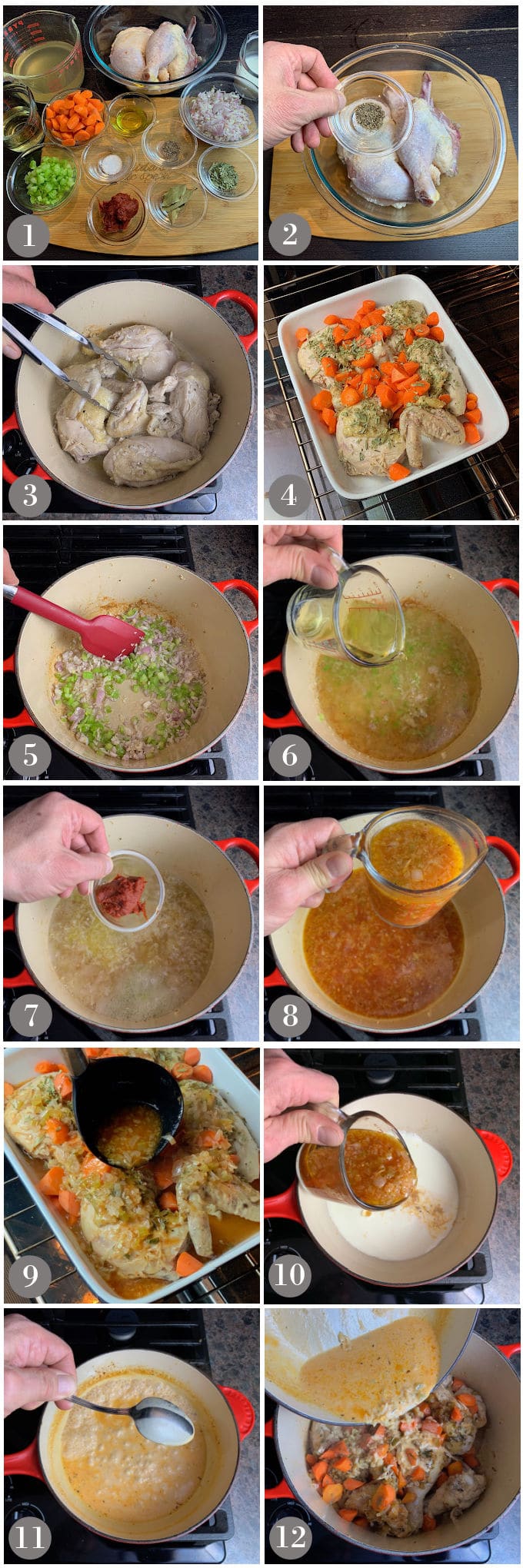 A collage of photos showing the steps to make chicken tarragon.