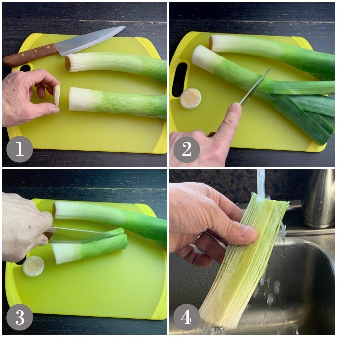 A collage of photos showing how to cut, clean and prepare leeks.