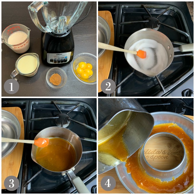 Collage of photos showing a blender and ingredients to make stovetop flan. 