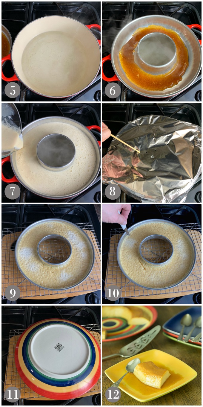 Collage of photos showing flan batter poured into pan for stovetop cooking and serving.