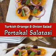 A collage of photos showing Turkish orange salad on a white plate with a fork.