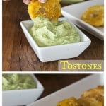 Fried green plantain or tostones with an avocado cream sauce. | ethnicspoon.com