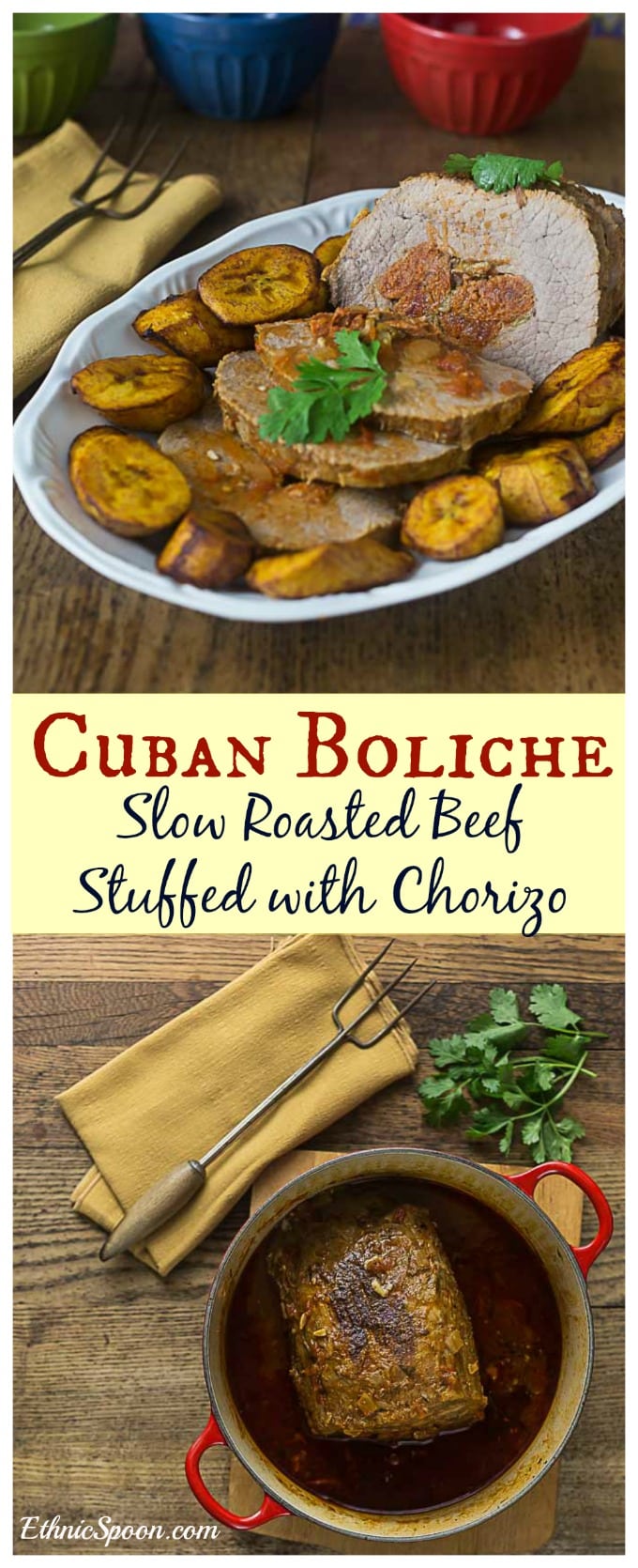 How to make Cuban boliche: A marinated roasted beef stuffed with chorizo and olives then show roasted. A great recipe for the slow cooker. | ethnicspoon.com