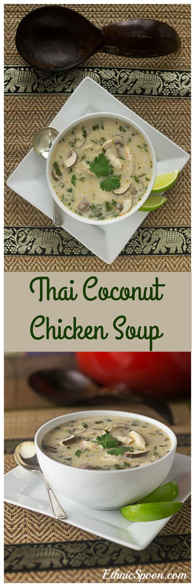 A sweet and savory Thai coconut chicken soup with a balance of flavors with mushrooms and lemon grass. | ethnicspoon.com