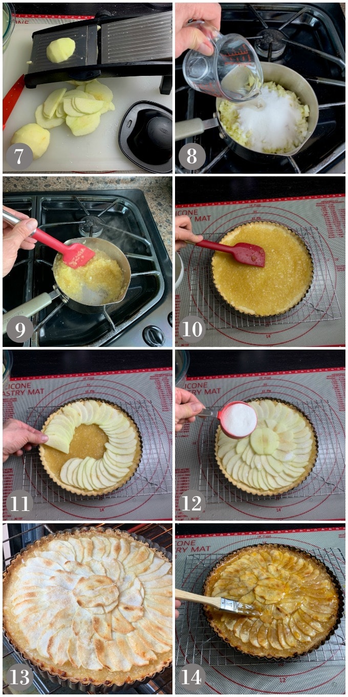 A collage of photos showing steps to slice apples, make apple sauce and construct a tart aux pommes. 