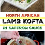 A collage of photos showing lamb kofta on a white place and cooking in a red pan.