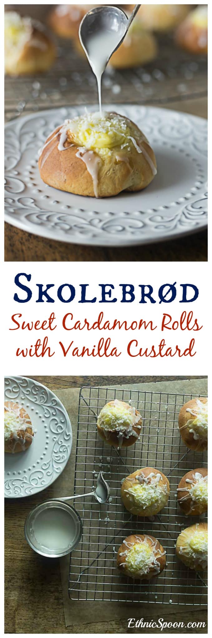 Skolebrød or skolleboller buns are a sweet pastry with cardamom, filled with vanilla custard and topped off with a glaze and chopped coconut.| ethnicspoon.com