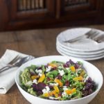 Arugula salad with feta, dried apricots, spinach and pomegranate vinaigrette dressing. | ethnicspoon.com