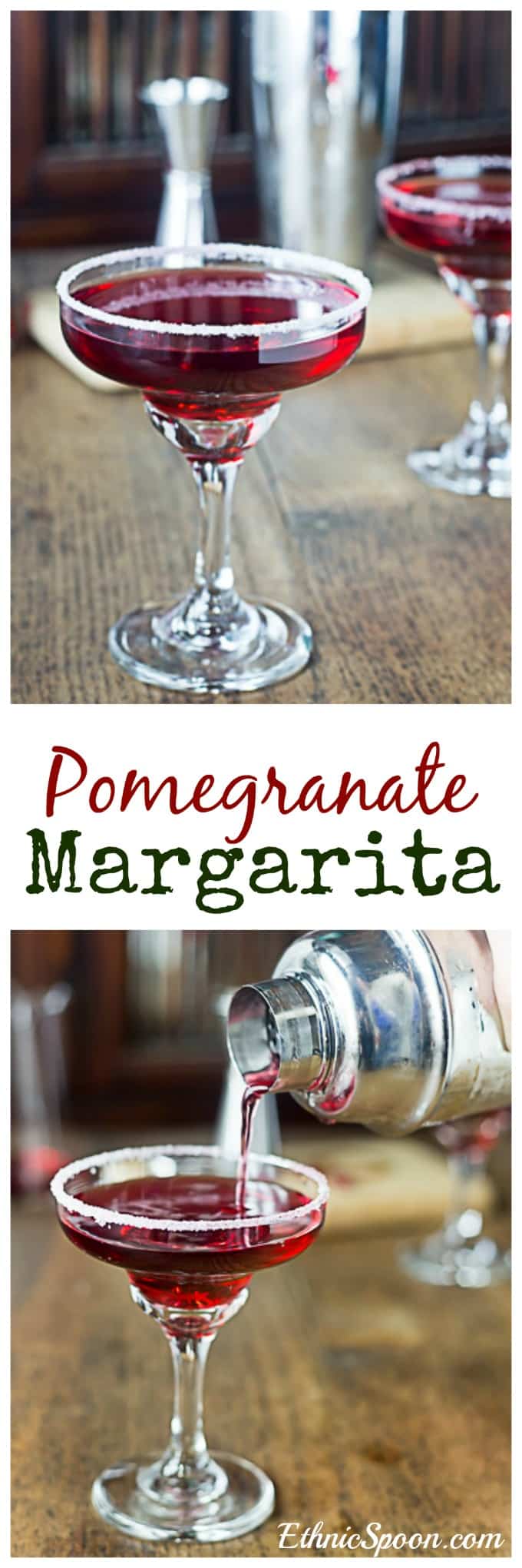 Shake up a pomegranate margarita! Sweet, tangy, light and refreshing pomegranate margarita with a sugar rimmed glass adds a nice contrast of flavors. | ethnicspoon.com