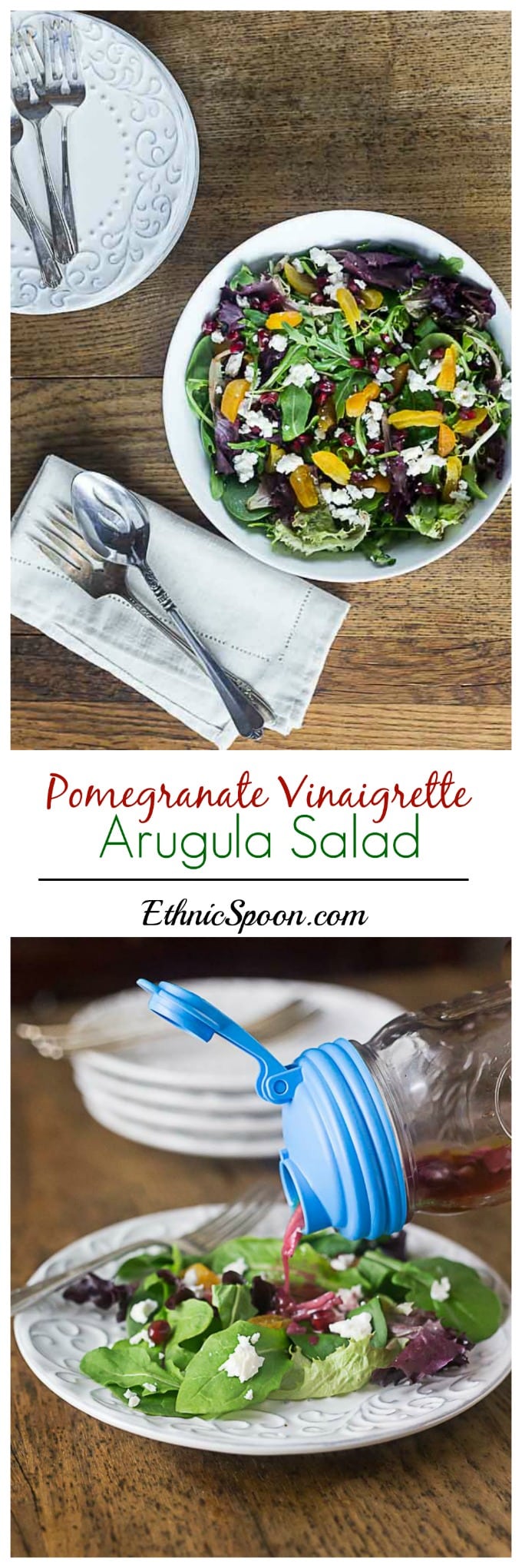 Delicious arugula salad with dried apricots, feta cheese and pomegranate vinaigrette. | ethnicspoon.com