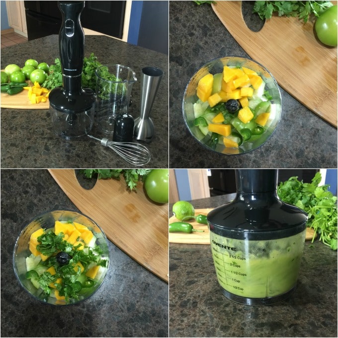 Four photos of chopped ingredients on a counter showing how to make salsa