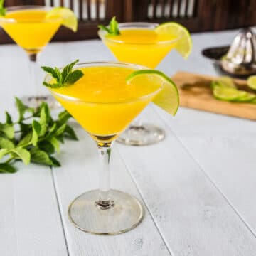 A photo of a frozen mango cocktail made with rum an mint in a martini glass.