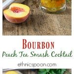 Enjoy a bourbon peach tea smash cocktail with rosemary infused simple syrup. Muddle some peach slices add simple syrup, bourbon and tea. Delicious! | ethnicspoon.com