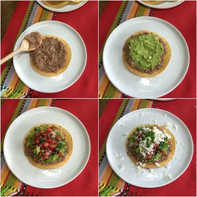 Here are the steps to construct your tostada with refried beans, guacamole, pico de gallo, lettuce and queso fresco. | ethnicspoon.com