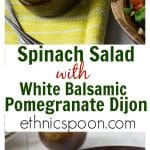 A healthy and delicious white balsamic, pomegranate and dijon dressing pairs well with this spinach salad with raisins, almonds and tomatoes. You'll love this salad combo! | ethnicspoon.com