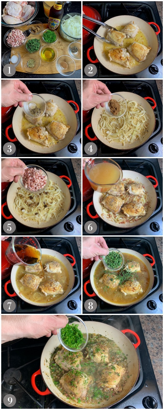 A collage of photos showing step to make beer braised chicken in a red pan on a stove top.