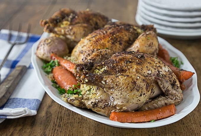 So simple to make! Tender and delicious Tyson® All Natural Premium Cornish Hens stuffed with couscous, dates, onions and parsley. So easy to make, roast right in your oven! #CheersToAPerfectPair ad |ethnicspoon.com