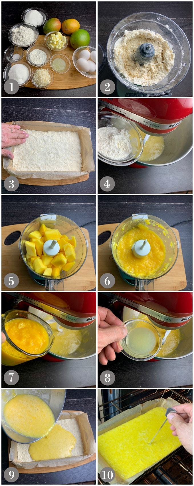A collage of photos showing the ingredients and steps to make mango lime bars. 