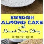Light and airy Swedish almond cake makes a wonderful dessert your family will love! A nice meringue is folded into ground almonds and flour. Once it is baked you add a creamy almond custard like filling and topping. This is a great from scratch cake recipe. | ethnicspoon.com