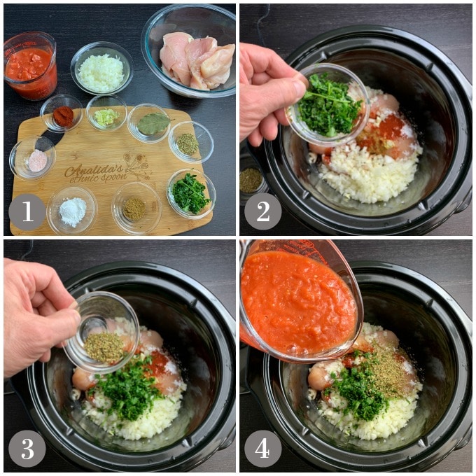 A collage of photos showing the ingredient to make Mexican chicken tinga in the slow cooker.