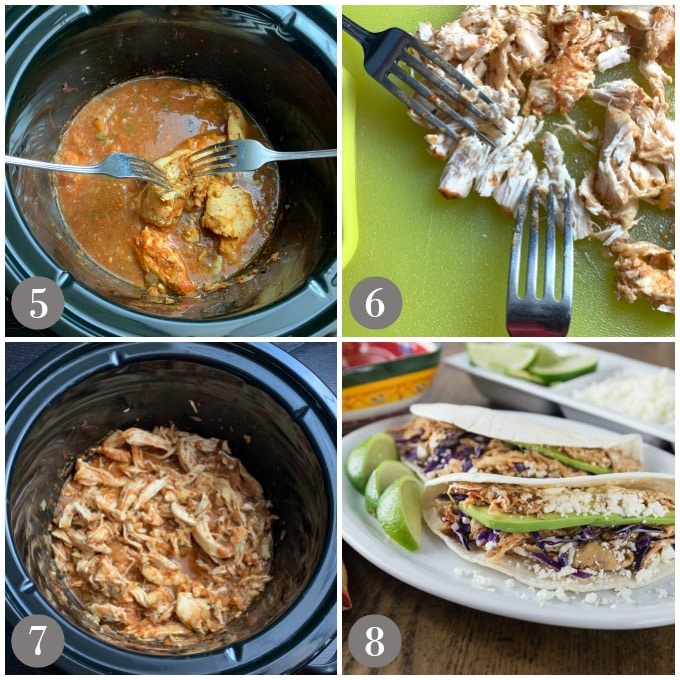 A collage of photos showing a slow cooker and steps to finish cooking and shredding Mexican chicken tinga.