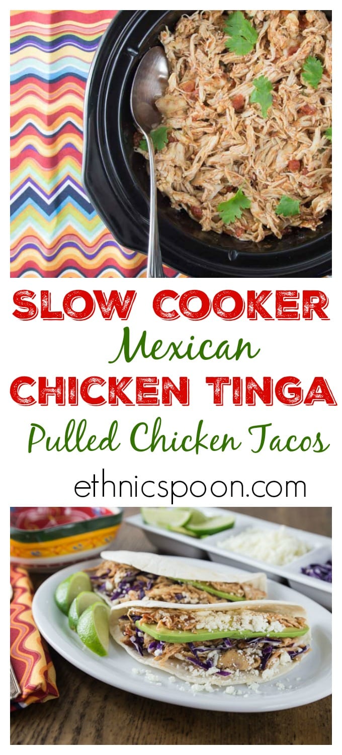 Hola everyone! Here is a great freezer meal for leftovers! Slow cooker smoky and spicy chicken tinga or Mexican pulled chicken is about as versatile as dishes come. You can make tacos, burritos, tostadas or nachos! I like to make a big batch and freeze into family sized portions. Once I have it completely cooked in the slow cooker I pull it or shred it and then I add back to the slow cooker to keep it warm for serving. | ethnicspoon.com