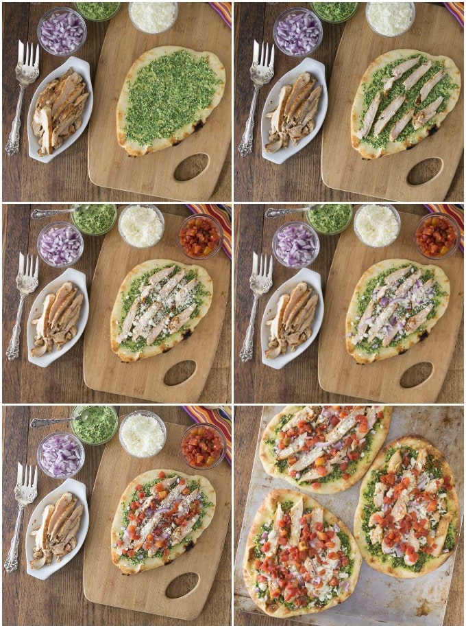Here are the steps to create chicken flatbread pizza with cilantro almond pesto, queso freso and spicy RO*TEL tomatoes and chiles. So good! | ethnicspoon.com