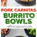 I love burritos! Some of the best Mexican food is so easy to make at home. Slow cooked authentic Mexican pork carnitas burrito bowls is what I am making today. The smell is filling my house and I am getting HUNGRY. Mexican pork carnitas are really the first cousin to pulled pork, a USA favorite. Slow cooker tender and delicious with a nice crispy finish! You will love these authentic Mexican pork carnitas burrito bowls ! Super easy to make in the slow cooker and then crisp up in the oven. Add some pico de gallo, some fried green plantain, avocado and some black beans. | ethnicspoon.com