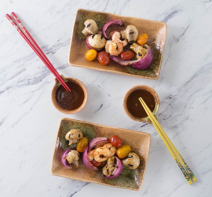 Try this classic Sichuan Kung Pao sauce on some grilled kebabs. Sweet and spicy shrimp kebabs are a quick and easy weeknight meal. Slide your shrimp and veggies onto the skewers, brush with kung pao sauce and grill for about 10 minutes until the shrimp are done. So easy and I love Chinese food! I like to use the kung pao sauce for dipping too! | ethnicspoon.com