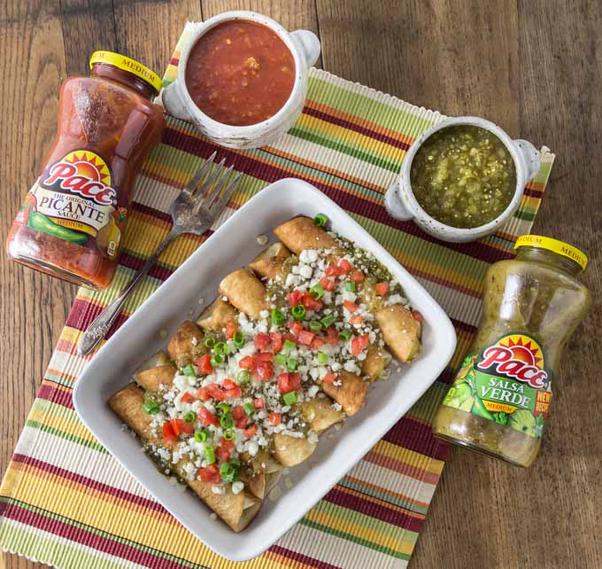 Try these Mexican three cheese flautas with a creamy and rich filling topped with a tangy salsa verde and you can kick it up with some picante too! I love Mexican food! This recipe is so easy to make too! | ethnicspoon.com