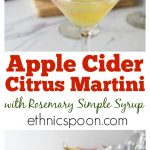 How about the taste of fall in a cocktail? Try this citrus apple cider martini with rosemary infused simple syrup. You will love the sweet, tart and herbal tones in this drink. You can make up a batch of the rosemary simple syrup and keep it on hand for other cocktails. Try it in salad homemade dressing for a little sweetness and rosemary flavor. Shake up this cocktail at your next happy hour! #cocktail #martini #cider #rosemary #drinks #happyhour #fallcocktail #vodka | ethnicspoon.com