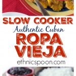 Do you love Cuban food? Here is one of my all-time favorite Cuban dishes and you can make this in the slow cooker. You will love this tender, juicy Cuban ropa vieja beef roast. You have to serve this with a side of black beans and fried plantain too! This is a very easy dish to make and has some great flavors plus it freezes well so make a big batch! #cubafood #latinfood #slowcooker #ropavieja #comfortfood #stew #hispanicfood #spicyfood #beefdish #recipe | ethnicspoon.com