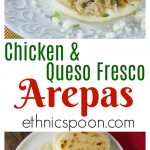 Hola everyone! You’ll love these nice warm arepas with a crunchy exterior and soft creamy middle. Arepas are a popular dish in Colombia and Venezuela. These are also gluten free made with corn flour or masarepa. I like to fill mine with some spicy shredded chicken and queso fresco. Here is an easy recipe to make arepas at home and the dough comes together quickly and you can brown them on a cast iron skillet or griddle. #arepas #recipe #latinfood #hispanic #masa #glutenfree #gf #desayuno #venezuela #columbia #cachapas #queso | ethnicspoon.com