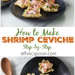 Shrimp ceviche with wooden spoon and chips.