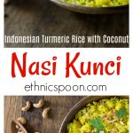 Your rice does not have to be boring! How about an exotic rice dish from Indonesia. Indonesian turmeric rice (nasi kunci) with coconut milk and cashews has such delicate flavors you will be amazed how delicious this humble dish is. You can also garnish with cilantro, coconut flakes, and crispy fried onions. #indonesianfood #nasikunci #turmeric #healthyrecipe # turmericrice #ad | ethnicspoon.com