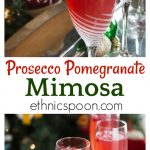 Here is a great brunch cocktail you will love! Try a crisp and refreshing prosecco pomegranate mimosa! Sparkling bubbly prosecco with a splash of tang pomegranate is a tasty combination for this libation. #prosecco #mimosa #cocktail #pomegranate #sparklingcocktail | ethnicspoon.com