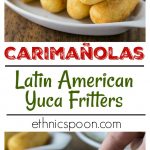 You will live this crunchy and creamy Latin treat! Carimañolas are a yuca dough filled with a tasty spiced meat mixture that is fried into a fitter. These are very popular in Panamá and Columbia. These are very similar to acapurrias and papas rellenas. #yuca #latinfood #carimañolas #fritter #tapas | ethnicspoon.com