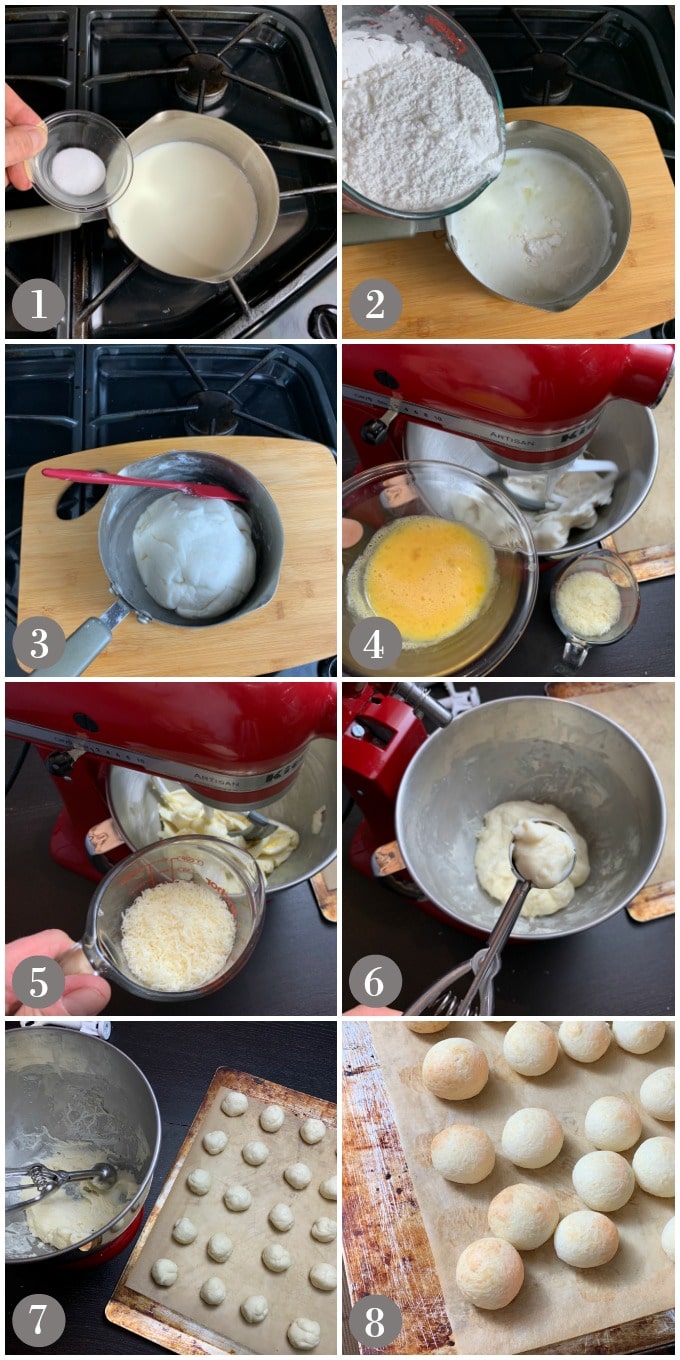 A collage of photos showing steps to make pão de queijo on a stove and then a mixer.