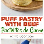 Here is a great Latin American appetizer to make at home. Quick and easy puff pastry filled with spicy beef or pastelitos de carne are fun to make! First cook your ground beef and let it cool. Cut your pastry, fill with beef, brush with egg wash, crimp and bake. So good! #pastelitos #baking #carne #beefpastry #puffpastry #appetizer #latinfood #pastelitosdecarne | ethnicspoon.com