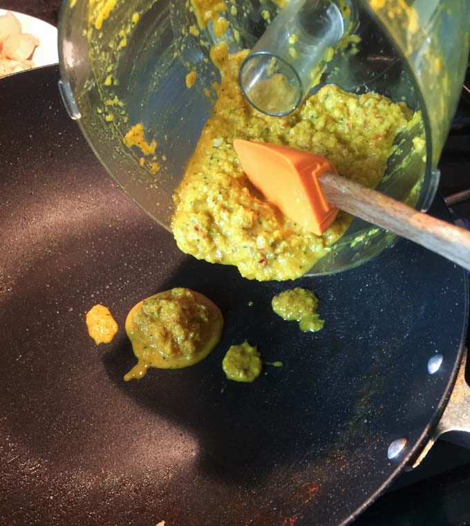 Chicken amok simmer curry paste step. 